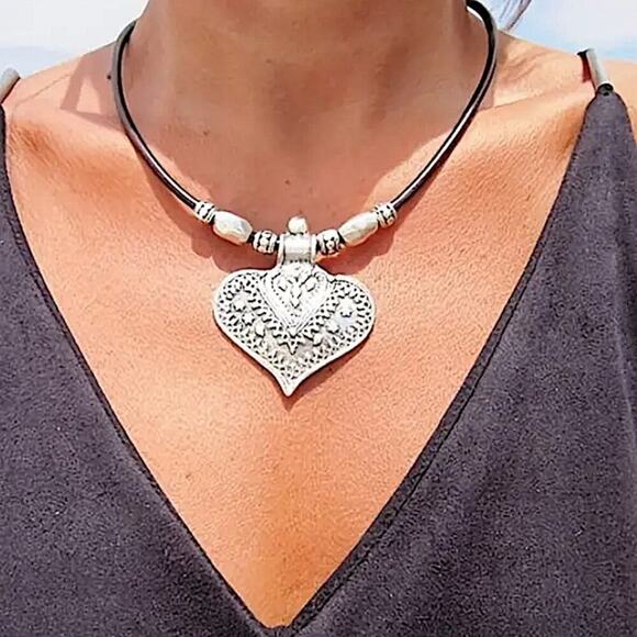 Boho Silver Statement Heart Necklace - Picture 2 of 5
